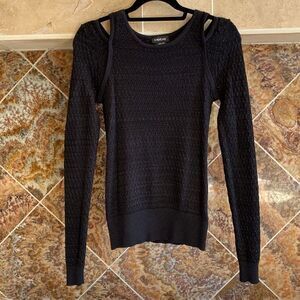 Bebe Black Cut Out Shoulder Long Sleeve Sweater with Silver Metallic Yarn Size M